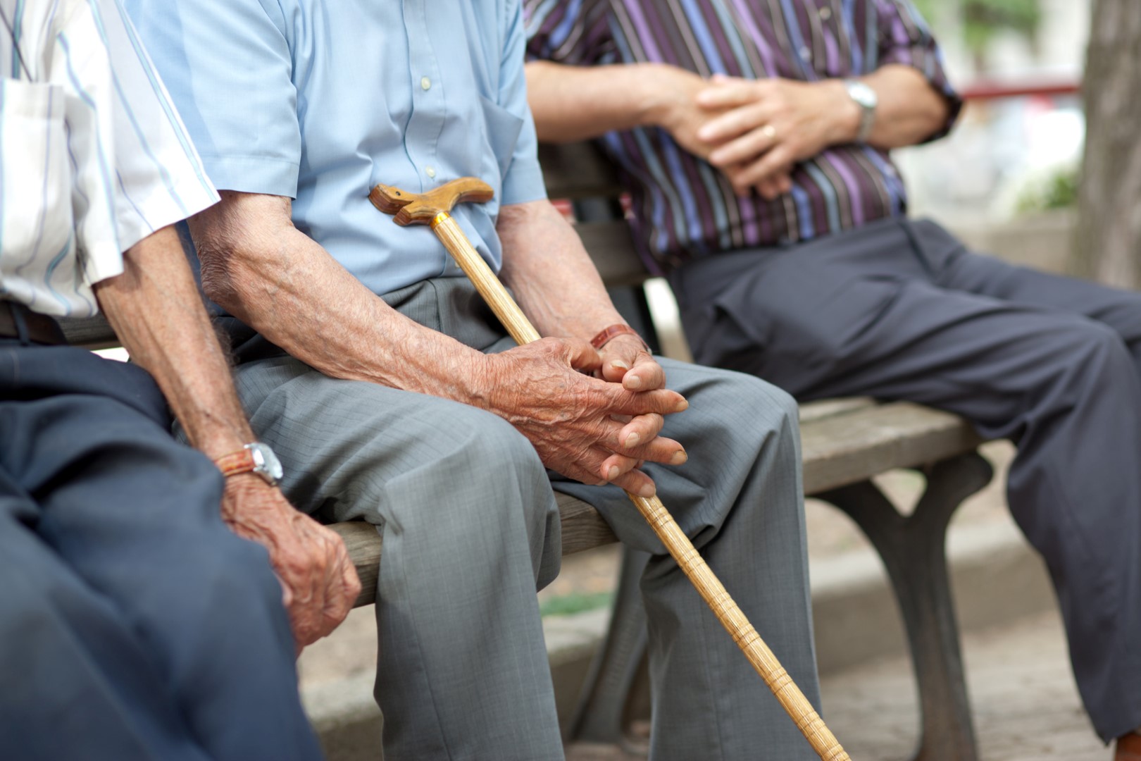 Three elderly men and one walking stick home care